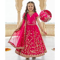 Babyhug Woven Half Sleeves Choli Lehenga & Dupatta Set with Floral Embroidery - Fuschia Pink