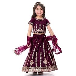Babyhug Woven Half Sleeves Shimmered Floral Embroidered Choli Lehenga Set with Dupatta - Wine