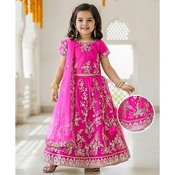 Babyhug Woven Half Sleeves Embroidered Choli Lehenga & Dupatta Set - Fuschia