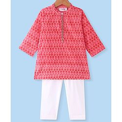 Babyhug Cotton Woven Full Sleeves Kurta Pyjama Set Floral Print - Peach