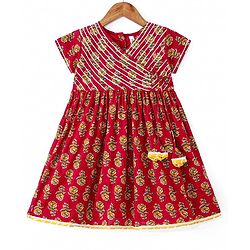 Babyhug Cotton Woven Floral Printed Half Sleeves Ethnic Dress with Tassle Detailing - Red