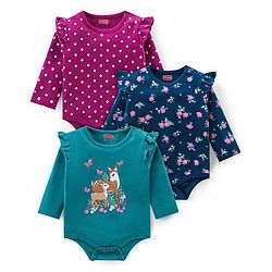 Babyhug 100% Cotton Interlock Knit Full Sleeves Onesies With Polka Dot & Floral Print Pack of 3 - Purple Green & Navy