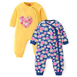 Babyhug 100% Interlock Cotton Knit Full Sleeves Rompers With Strawberries & Floral Print Pack of 2 - Yellow & Blue