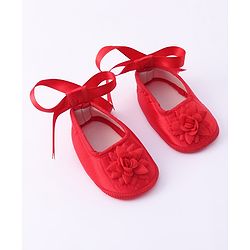 Babyhug Woven Half Puffed Sleeves Fit & Flared Party Frock with Booties Floral Applique - Red