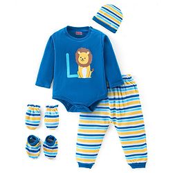 Babyhug 100% Cotton Full Sleeves Onesies with Leggings and Cap Mittens Booties Lion Print - Blue