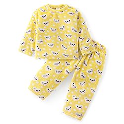 Babyhug Velour Knit Full Sleeves Winterwear Night Suit With Hearts Print - Yellow