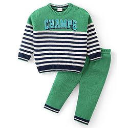Babyhug Knitted Full Sleeves Sweater Set with Stripes Design & Text Patch Detailing - Green