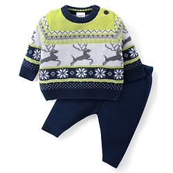 Babyhug Knitted Full Sleeves Pullover Sweater Set With Reindeer & Floral Design - Navy Blue