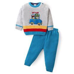 Babyhug Knitted Full Sleeves Pullover Sweater Set With Stripes & Dino Embroidery - Blue & Light Grey