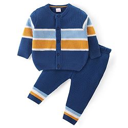 Babyhug Knitted Full Sleeves Front Open Sweater Set With Stripes Design - Navy Blue