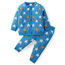 Babyhug Knit Full Sleeves Sweater Set with Star Design - Blue