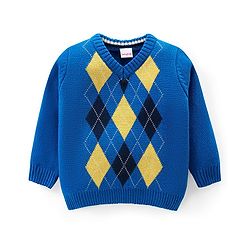 Babyhug Knit Full Sleeves Pullover Sweater with Argyle Design - Blue