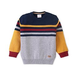 Babyhug Cotton Knitted Full Sleeves Pullover Light Weight Sweater With Colour Block Design & Stripes - Multicolour
