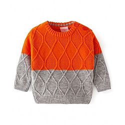 Babyhug Knitted Full Sleeves Pullover Sweater with Colour Block & Cable Knit Design - Grey & Orange