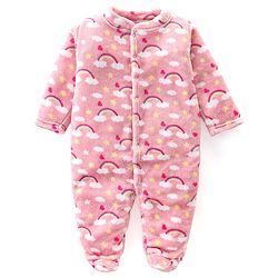 Babyhug Preemie Velour Knit Full Sleeves Footed Sleep Suit with Sky Print - Pink
