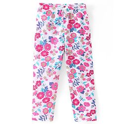 Babyhug Cotton Lycra Knit Full Length Leggings with Floral Glitter Print - Pink