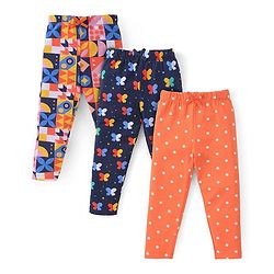 Babyhug Cotton Lycra Full Length Leggings with Polka Dots & Butterfly Print Pack of 3 - Multicolor