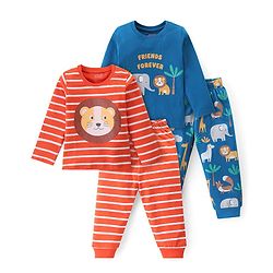Babyhug Cotton Knit Full Sleeves Night Suit With Stripes & Animal Print Pack Of 2 - Multicolor