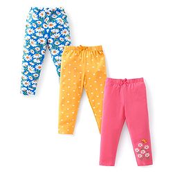 Babyhug Cotton Lycra Full Length Leggings Floral Print Pack of 3 - Pink Yellow & Blue