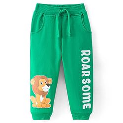 Babyhug Cotton Terry Full Length Lounge Pants with Lion & Text Print - Green