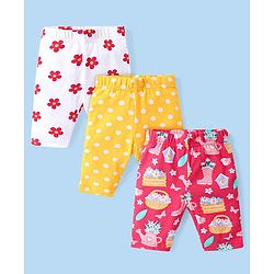 Babyhug Cotton Lycra Knit Three Fourth Leggings with Floral & Polka Dots Print Pack of 3 - Pink Yellow & White