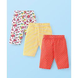 Babyhug Cotton Lycra Knit Three Fourth Striped Leggings with Floral & Polka Dots Print Pack of 3 - Multicolour