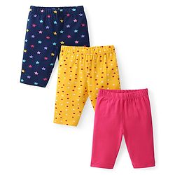Babyhug Cotton Lycra Three Fourth Leggings with Star & Polka Dot Print Pack of 3 - Multicolor