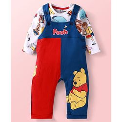 Babyhug Disney Single Jersey Knit Dungaree & Full Sleeves T-Shirt With Winnie The Pooh Graphics & Pocket Detailing - Blue & Red