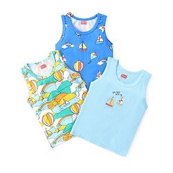 Babyhug 100% Cotton Knit Sleeveless Sando With Boat Print Pack of 3- Multicolor