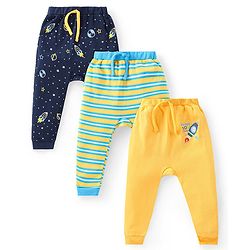 Babyhug Cotton Knit Full Length Striped Diaper Pants with Space Theme Print Pack of 3 - Multicolour