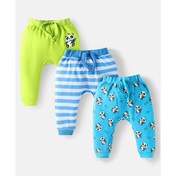 Babyhug Cotton Knit Full Length Diaper Pants Striped & Animal Print Pack Of 3 - Blue & Neon Green