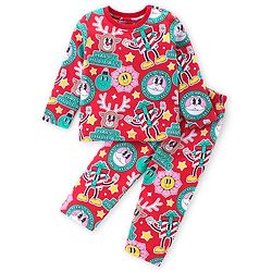 Babyhug Cotton Knit Full Sleeves Night Suit With Christmas Theme -Red