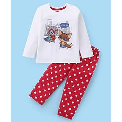 Babyhug Cotton Knit Full Sleeves Night Suit With Super Animals Print - White & Red