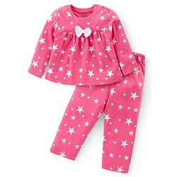 Babyhug Cotton Knit Full Sleeves Night Suit with Star Print & Bow Detailing - Pink