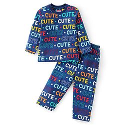 Babyhug Cotton Knit Full Sleeves Night Suit with Text Print - Navy Blue