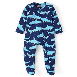 Babyhug Cotton Knit Full Sleeves Footed Sleep Suit With Sharks Print - Navy Blue