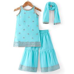 Babyhug Georgett Woven Sleeveless Sequined Embroidered Kurta Gharara Set with Dupatta & Lace Detailing - Light Blue