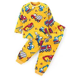 Babyhug Cotton Knit Full Sleeves Night Suit With Construction Vehicles Print - Yellow