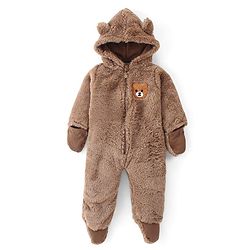 Babyhug Fur Woven Full Sleeves Hooded Winter Wear Romper Bear Patch -Brown