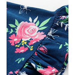 Babyhug Cotton Knit Frill Sleeves Nighty With Floral Print - Navy