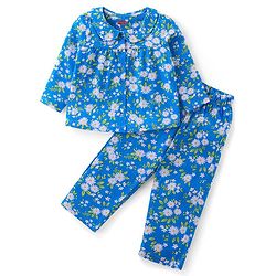 Babyhug Cotton Knit Full Sleeves Peter Pan Collared Night Suit With Floral Print - Blue