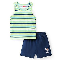 Babyhug 100% Cotton Sleeveless Sando & Shorts Set With Stripes And Logo Print - Navy Blue