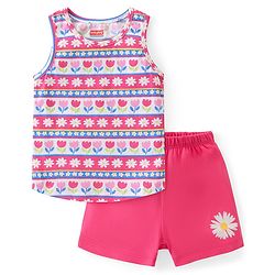 Babyhug 100% Cotton Single Jersey Sleeveless Sando Shorts Set Floral Print - Multicolor