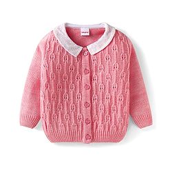 Babyhug Knitted Full Sleeves Front Open Sweater With Peter Pan Collar & Cable Knit Design - Pink