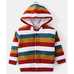 Babyhug Knit Full Sleeves Hooded Striped Sweater - Multicolour