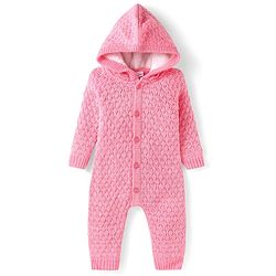 Babyhug Sweater Knit Full Sleeves Hooded Winter Romper - Pink