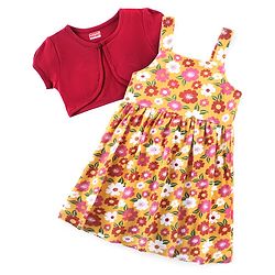 Babyhug Single Jersey Knit Half Puffed Sleeves Floral Printed Frock with Shrug - Red & Yellow