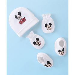 Babyhug Disney Caps Mittens & Booties Set With Mickey Mouse Graphic - White