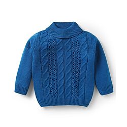 Babyhug Knitted Full Sleeves High Neck Pullover Sweater with Cable Knit Design - Blue