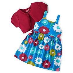 Babyhug Single Jersey Knit Floral Printed Frock with Half Sleeves Solid Shrug - Blue